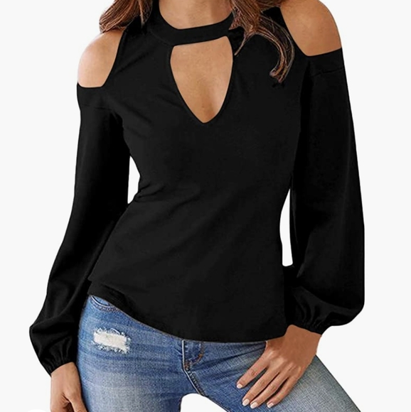 Cold Shoulder Long Sleeve - Cutout Tunic Fashion Blouse - Picture 3 of 8